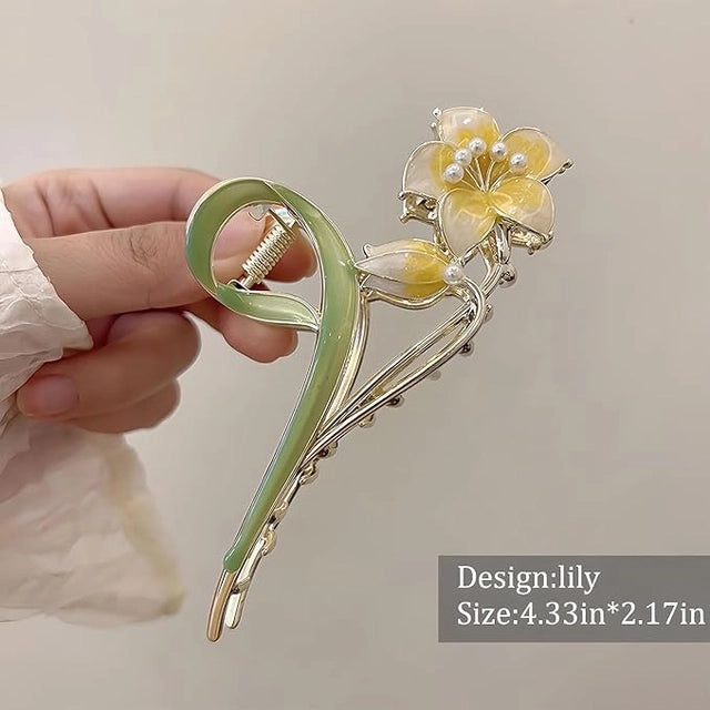 Hair Clips Metal Alloy Hair Accessories for Women Girls, Hair Claw Clips Pearls Cute Fashion Spring Summer Hairpins Large Jaw Clip. (Lily Hair Claw)